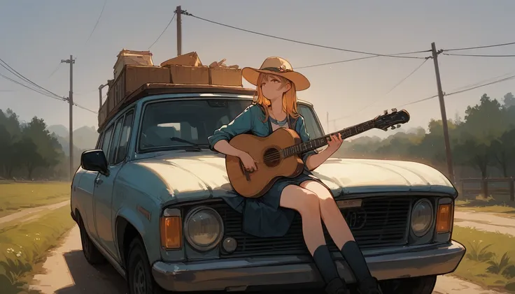 There&#39;s a woman sitting in the back of a truck playing the guitar., Gweiz-style artwork, country, Robber King, James Gurney&#39;s painting style, Mats Berg, Artjam and Athi Gairan, Robber King and kentarõ miura style, Girl playing guitar, Singer-songwr...