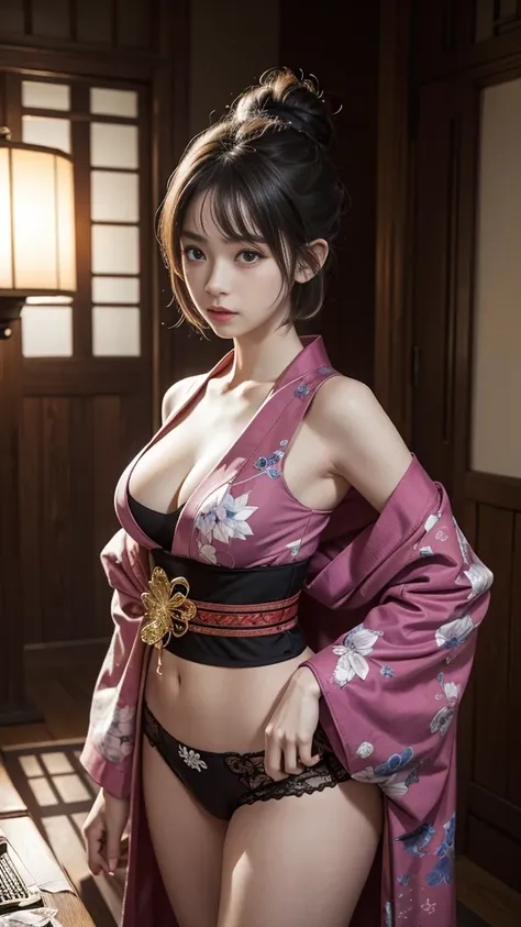 (masterpiece, top quality, best quality, official art, beautiful and aesthetic:1.2), (1girl), extreme detailed,(fractal art:1.3),colorful,most detailed 16 year old with short hair and two-block style、Kimono Punk、A profound feeling、Large breasts、round face、...