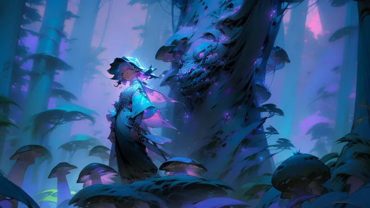 girl in the center, forest made out of mushroom, thick mushrooms, tall mushrooms, Purple sky, blue fireflies, anime