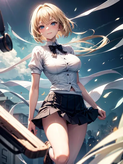 Anime style, super fine illustration, highly detailed, beautiful detailed, pale tone image, static representation, gentle expression, 8k, full body, pretty 1girl with blonde straight short hair & blue eyes & a bright smile & full bust & soft fair skin is w...