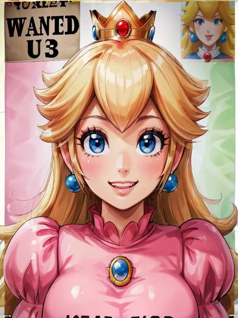 (((wanted poster:1.37, "wanted" is written in large letters:1.37))), princess peach, ((close-up shot, grin)), pink dress, (mosai...