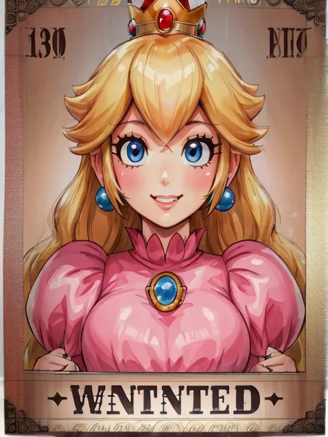 (((wanted poster:1.37, "wanted" is written in large letters:1.37))), princess peach, ((close-up shot, grin)), pink dress, (mosai...