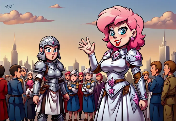 a giantess warrior princess with short pink hair, silver armor. she roams her small city waving hi to her small people