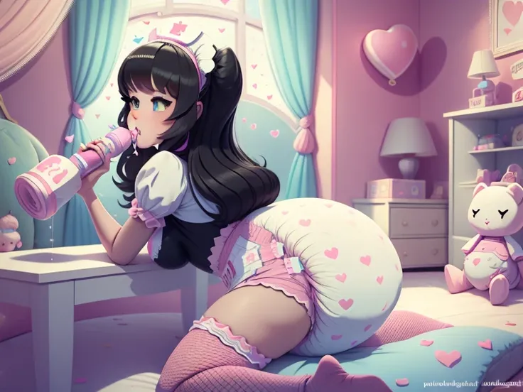 A confident mommydom wearing a big bulbous puffy diaper, heart emojis, bedroom, fishnet stockings, pretty eyes, seductive, flirty, colorful, puffy dress,  room, diapers, confetti, cake,Black Silk,Trojans,Maid costume,The girl is drinking from the bottle an...