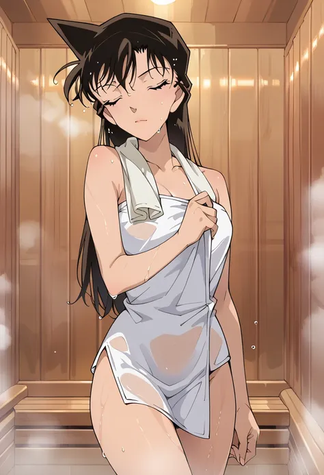 masterpiece,high resolution,highest quality,8k (detective conan,maorilan) (one towel,sauna room,wet)closed eyes,