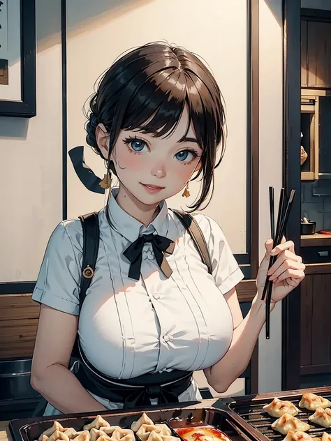 1lady solo, (holding up (gyoza dumplings) with chopsticks:1.2), (presenting dumplings towards viewers), (stylish outfit) apron, mature female, /(brown hair/) bangs, blush happy smile (open mouth), (masterpiece best quality:1.2) delicate illustration ultra-...