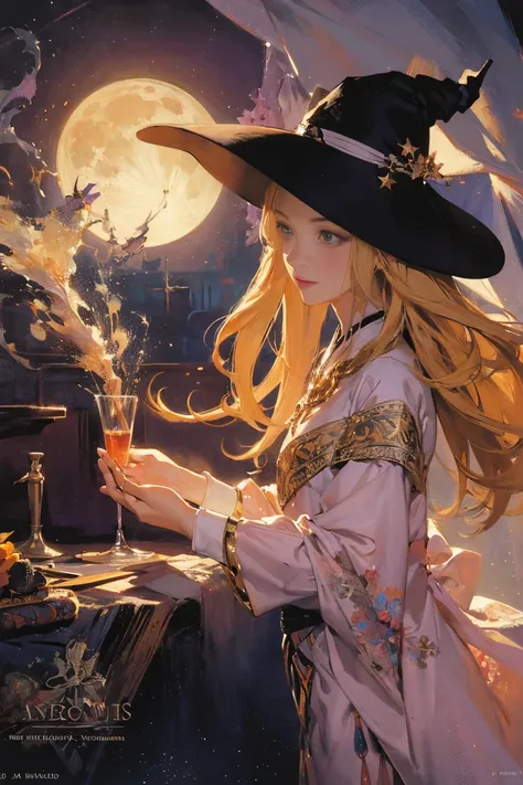 masterpiece, best quality, ultra-detailed, illustration, 1girl, solo, fantasy, flying, broom, night sky, outdoors, magic, spells...