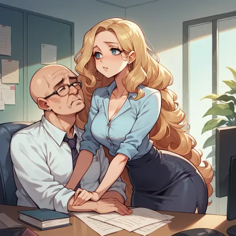 Beautiful woman 25 years old, not very high, long curly light blonde hair, Thin waist, big tits, well-shaped and large hips. She is sad next to a fat and bald old man, Office