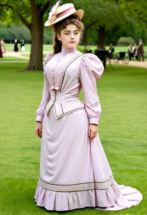 A pretty, snooty, curvy 14yo teenage Gibson Girl wearing stylish 1900s fashions rebuffs the advances of a horny 69yo gentleman. Year 1905. 1girl, 1man. Edwardian park setting.