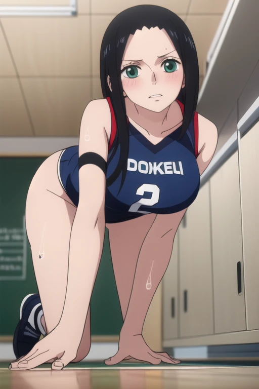 Nico Robin, Slicked back hair, Large Breasts, mature　　Dark Skin　　Volleyball Uniforms　　On all fours　Angle from below　　　blush　School classroom　Wet body　obtain　The whole body trembles　