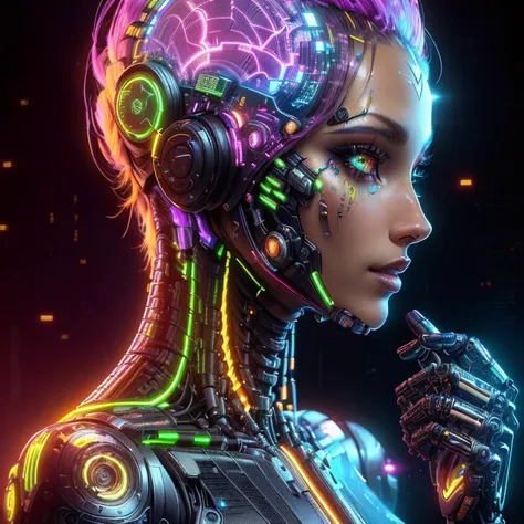 a closeup of a person with a futuristic head and a microphone, psychedelic organic cyborg, cyborg - chica, chica cyborg, intrica...