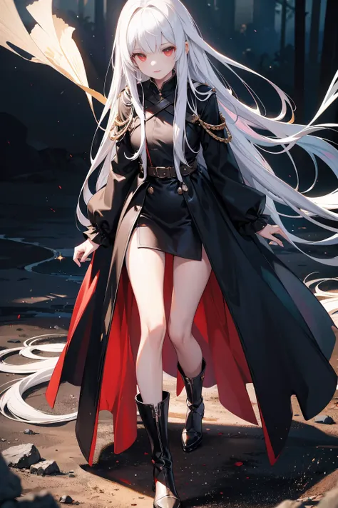 girl with long white hair down to her waist, with small red details, red eyes, long black dress with a leg slit, with red detail...