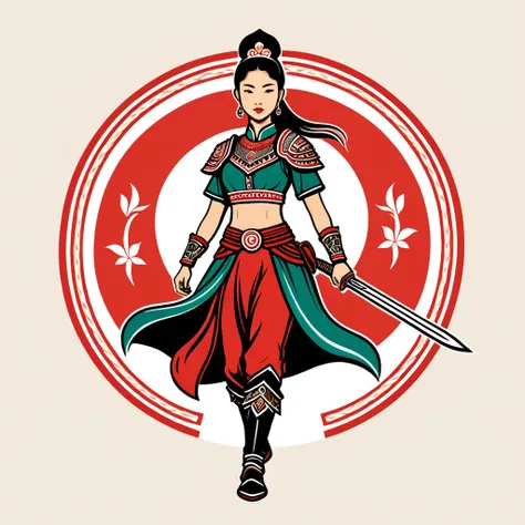 female	warrior	in singapore folk outfit	,vector graphics, strong contours, logo design																						