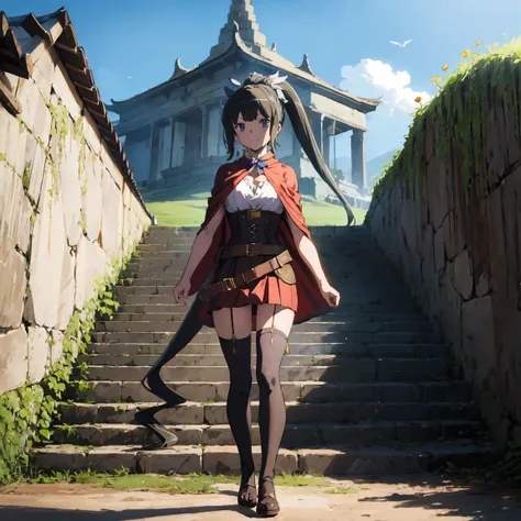 highly detailed, full body, ((1girl)), solo, smile, blush, outdoors, day, simple background, blue sky, sky, temple, looking at v...