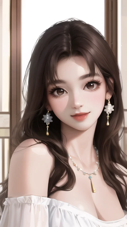 (Highest quality、 8k 、masterpiece、High resolution)、Full Body Shot、Realistic、Super adopted、One young woman、A friendly gaze、off shoulder white tops、Round and young々Funny face、Accessories Full、necklace、Clear Eyes、Long eyelashes、Large Breasts、Slender beauty、li...