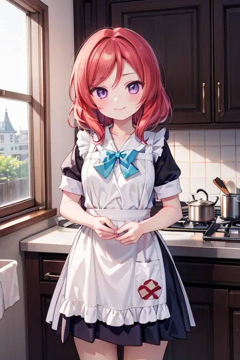 (highest quality、masterpiece)、one girl、alone、アニメ、cute、nishikino maki、kitchen、smile、looking at the camera、ultra hi resolution pic...