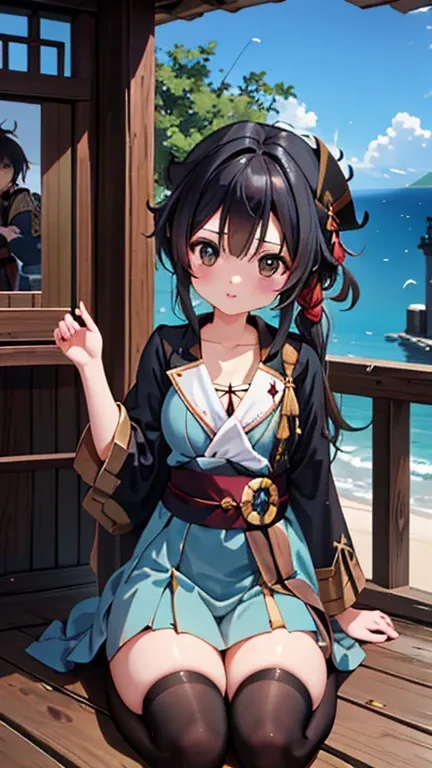 pirate ship,Lots of pirates, cannon, war, (海賊war:1.5),Girl dressed as a pirate, One girl,Black Hair,pirate shipの上,,Lots of pirates, cannon, war, 超High resolution, retina, masterpiece, Accurate, Anatomically correct, Textured skin, Super Detail, Attention t...