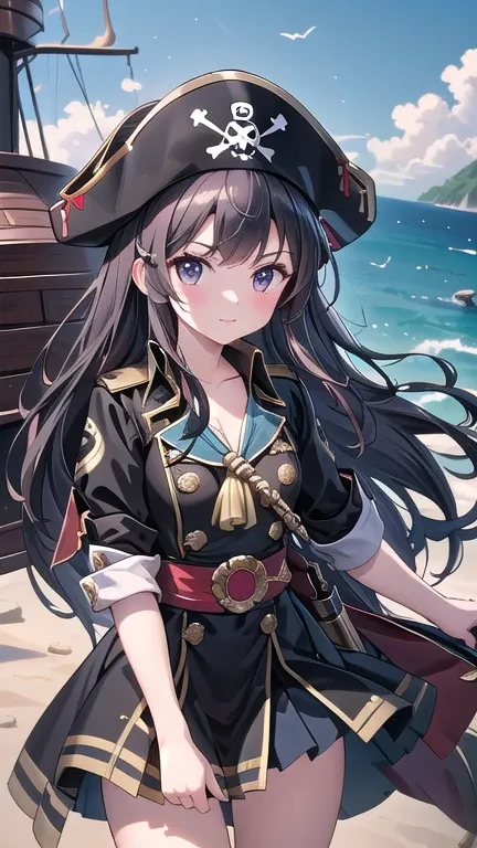 pirate ship,Lots of pirates, cannon, war, (海賊war:1.5),Girl dressed as a pirate, One girl,Black Hair,pirate shipの上,,Lots of pirates, cannon, war, 超High resolution, retina, masterpiece, Accurate, Anatomically correct, Textured skin, Super Detail, Attention t...