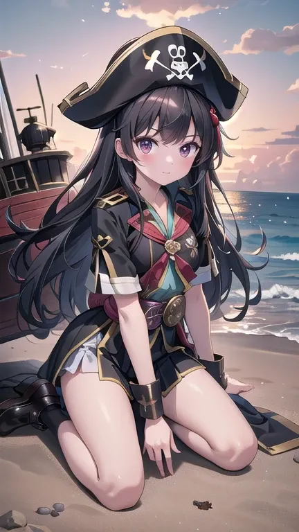 pirate ship,Lots of pirates, cannon, war, (海賊war:1.5),Girl dressed as a pirate, One girl,Black Hair,pirate shipの上,,Lots of pirates, cannon, war, 超High resolution, retina, masterpiece, Accurate, Anatomically correct, Textured skin, Super Detail, Attention t...