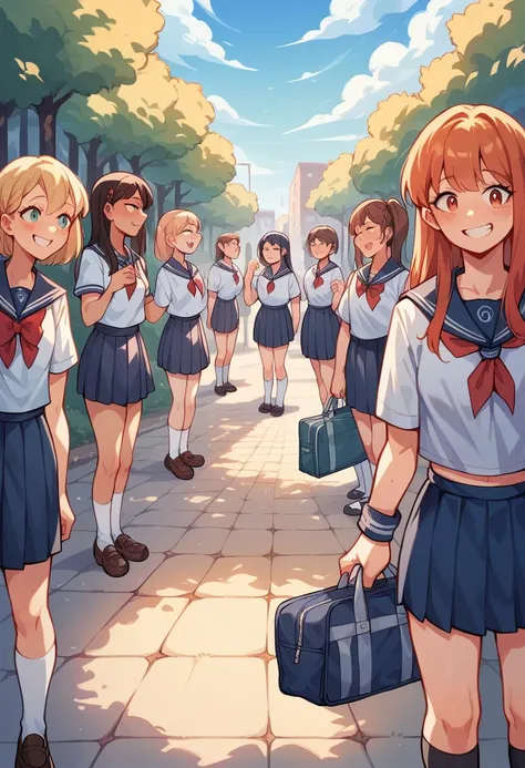 nsfw,5girls,school girls,school uniform,outdoor,{{{pooping}}},smiling,{pubic hair},{{{crowd}}}