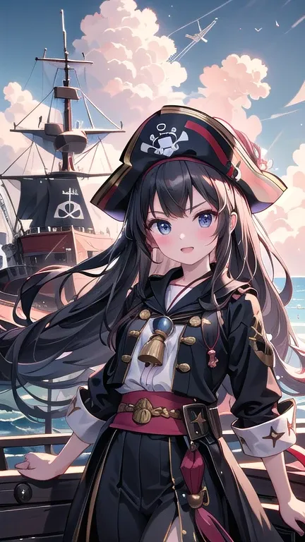 pirate ship,Lots of pirates, cannon, war, (海賊war:1.5),Girl dressed as a pirate, One girl,Black Hair,pirate shipの上,On the boat,Lots of pirates, cannon, war, 超High resolution, retina, masterpiece, Accurate, Anatomically correct, Textured skin, Super Detail, ...