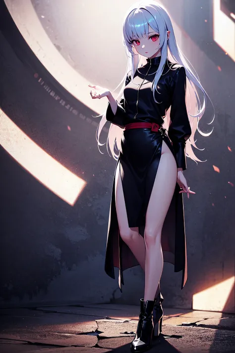 girl with long white hair down to her waist, with small red details, red eyes, long black dress with a leg slit, with red detail...