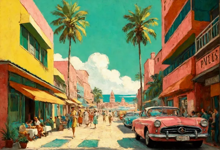 Impressive, award-winning, professional, highly detailed in, undefined,. Include vibrant pastel colors, sleek lines, and a retro summer atmosphere. The style should be reminiscent of vintage travel posters with a modern twist, modern art. 