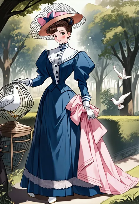 Year 1898. Humanized Minnie Mouse as a pretty, flirty 12yo girl. 1890s fashion. Victorian high-collar navy blue dress with (((long puff sleeves cuffed into wrist-high white silk gloves. )))Powder blue sash cinched around her waist. Navy blue ankle skirt. (...