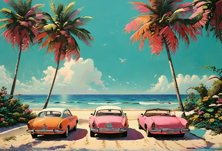 Impressive beach scene in the 80s, award-winning, professional, highly detailed in, undefined,. Include vibrant pastel colors, sleek lines, and a retro summer atmosphere. The style should be reminiscent of vintage travel posters with a modern twist, modern...