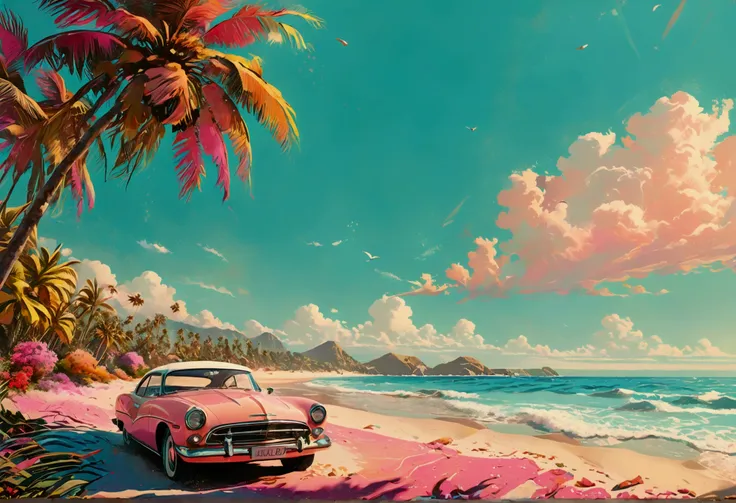 Impressive beach scene in the 80s, award-winning, professional, highly detailed in, undefined,. Include vibrant pastel colors, sleek lines, and a retro summer atmosphere. The style should be reminiscent of vintage travel posters with a modern twist, modern...