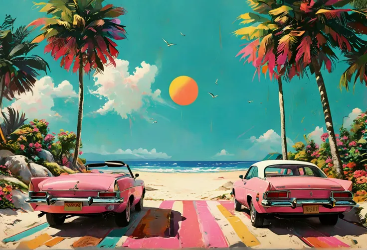 Impressive beach scene in the 80s, award-winning, professional, highly detailed in, undefined,. Include vibrant pastel colors, sleek lines, and a retro summer atmosphere. The style should be reminiscent of vintage travel posters with a modern twist, modern...