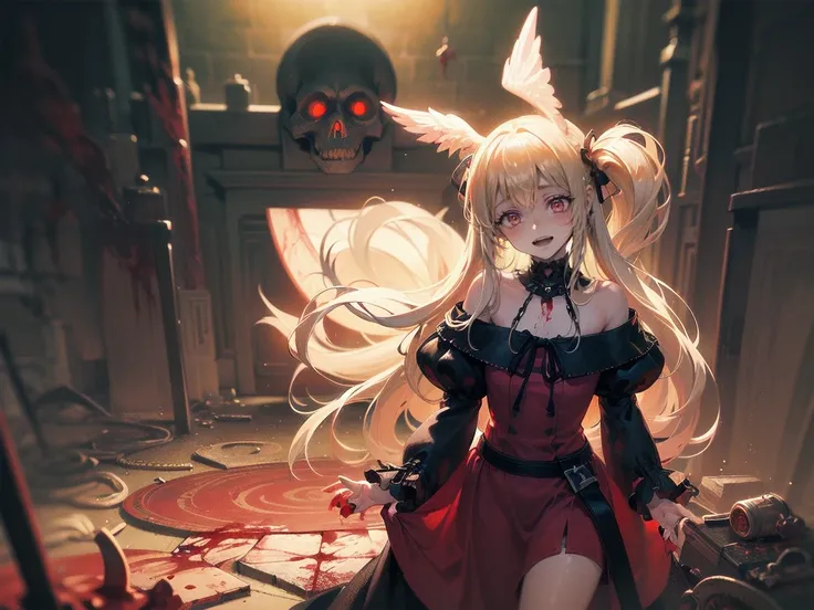 .(Highest quality,4K,High resolution,masterpiece:1.2),Very detailed,Realistic:1.37,Spooky altar background,Dark fantasy,Red color scheme,Ominous atmosphere,Eye-catching,Storytelling,anatomy,Anime Style,Concept Art,beautiful細部までこだわった顔と (((Red eyes ))),A ter...