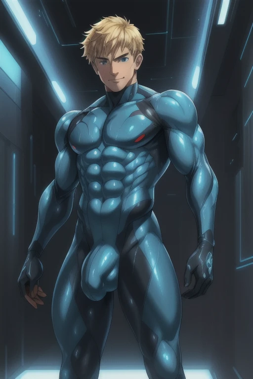 (1boy:1.2), 21 year old male, blonde hair, shoulder-length hair, bright blue eyes, cute red blush, smiling, athletic physique, zerosuit, tight suit highlights his large bulge, in a wild and wet space scene, dramatic pose, dynamic action, futuristic sci-fi ...