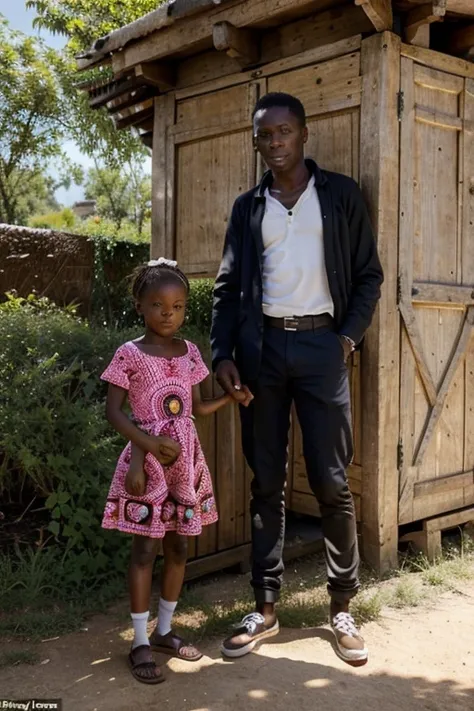 Une jeune fille noire africaine et belle de une marmite, dans un village proche de la case de son père et un homme âgé de 90 ans arrêté et contemplant la nature et le soleil ☀️