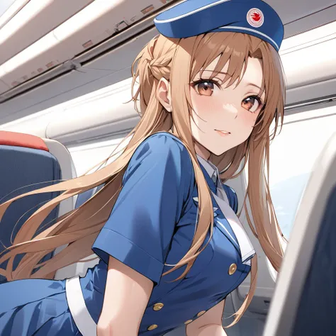 ((Highest quality)), ((masterpiece)), (detailed), （Perfect Face）、The woman is an Air China flight attendant, Yuuki Asuna, a Chinese woman with light brown, medium-long hair.、The woman is wearing the red Air China cabin attendant uniform, as well as a scarf...