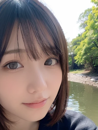 (masterpiece:1.3), (8k, Realistic, RAW Photos, Highest quality: 1.4)、White interior、Natural light、16 years old、On the river bank in summer、smile、Woman with medium short hair、Japanese Idols、Round face、Yoshitomo Nara, Ayaka, Japanese facial features, Mott Ha...