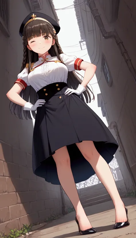 {Highest quality}, {Super beautiful},{Ultra fine},{Best illustration},Brown Hair,Hime cut,long hair,Braid,One woman,Standing Woman,Big Breasts,Strike a pose,smile,smilingly,Smile,Wink,Uniform cap,White Shirt,Short sleeve,Long black skirt,White gloves,In th...