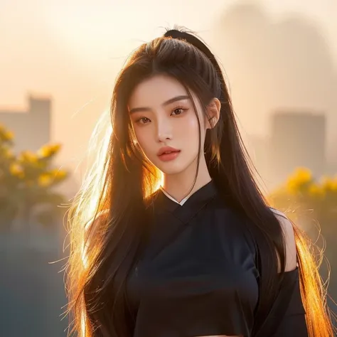 Close-up photo of a woman, Instagram model, Photo of a young model, very beautiful!,  cgsociety, Gorgeous Chinese model, Female model, 2 4 years old, ponytail,Extra long hair 2 meters, With a torn cropped t-shirt, beautiful female model, Trending on cgstat...