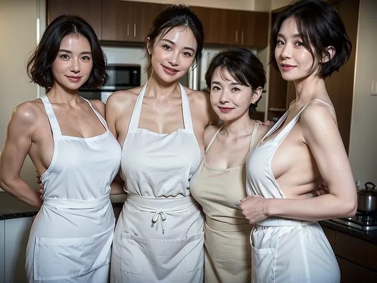 (masterpiece:1.4),(50-year-old woman:1.5),(facial wrinkles 1.2), (Short Hair : 1),(Three Women : 1),  Side Angle、A kind smile,maternal, Mature Woman, (Naked and wearing a white apron : 1.3), (Very large breasts: 1.2),Huge breasts、、 Acne, Skin blemishes, sp...