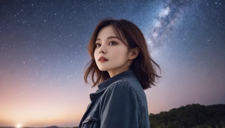 A beautiful starry sky and a beautiful woman with a lovely aura