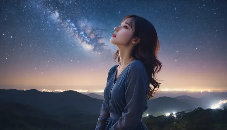 A beautiful starry sky and a beautiful woman with a lovely aura