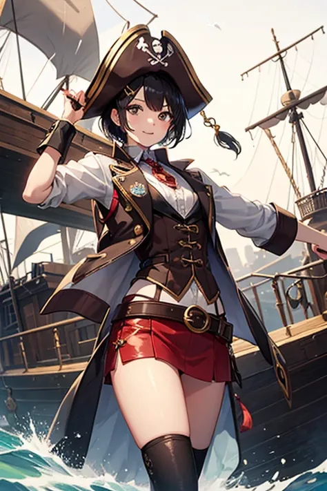 Highest quality、Black Hair、Iris、short hair、girl、cute、16 years old、、Small hair ornament、1 person、Cosplay、Pirate outfit、Pirate hat、On a pirate ship、In combat、A happy look、