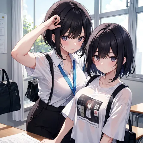 at noon, In the classroom, Two female supervisors entered the classroom., Carrying a top-secret file bag, Two female supervisors wearing white T-shirts and with short black hair, This female supervisor looked at the camera., The lens mainly captured the up...