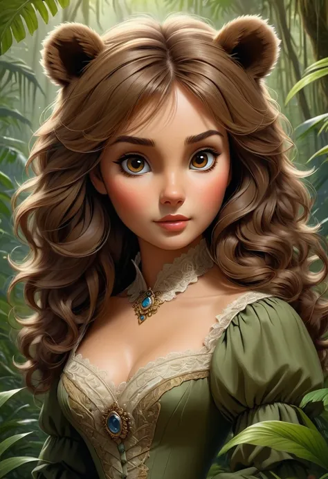 female bear mid transformation, solo, masterpiece, best art, victorian dress. detailed hands, detailed eyes, detailed torso, jungle, expression, transformation, human face, brown shaggy hair.
