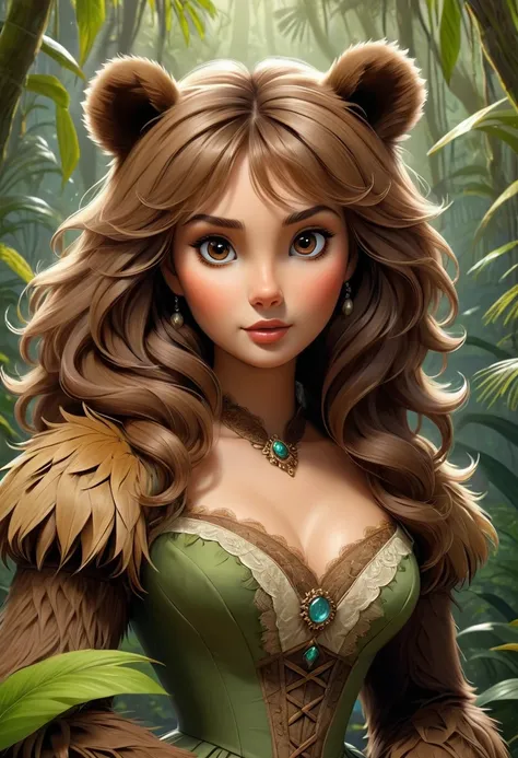 female bear mid transformation, solo, masterpiece, best art, victorian dress. detailed hands, detailed eyes, detailed torso, jungle, expression, transformation, human face, brown shaggy hair.
