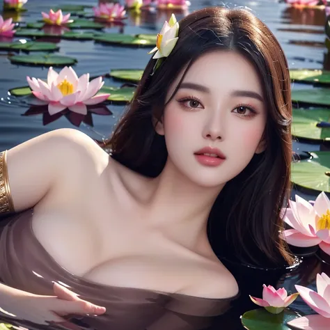 A drawing of a woman with a round face., Chest measurement: 36 inches. “Very large bust., Lying on the water covered with lilies, Beautiful digital artและงดงาม, Beautiful digital art, Beautiful digital artwork, beautiful digital paintings, very Beautiful d...