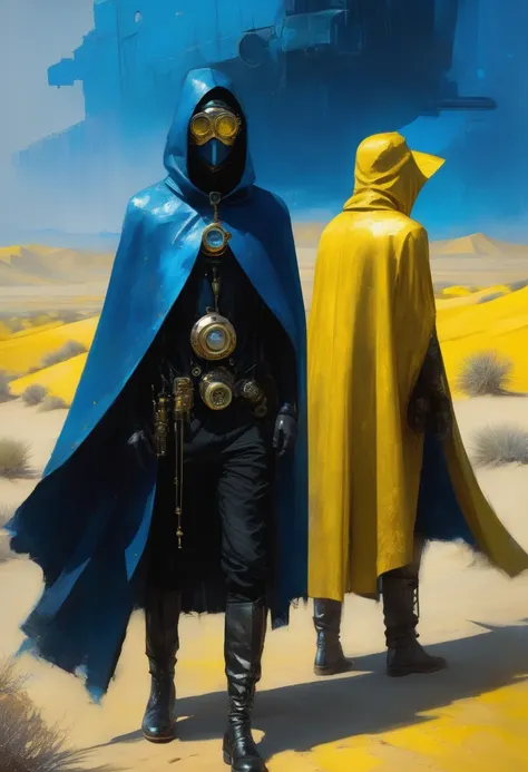 Man in black cape and steampunk costumes in the desert, blue and yellow art, steampunk and hooded mask, 4D high relief texture painting, 8k, futuristic vintage, full body view, vaporpunk, photorealism, abstract impressionism, arte por Jeremy Mann