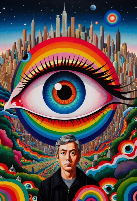 A man is seen looking into a colorful eye，The background is a city, Okuda Gensho&#39;s Surrealism, Unsplash, Psychedelic art, Psychedelic illustration, Fantasy painting, Psychedelic painting, Psychedelic surreal art, Psychedelic aesthetic, Eyes widen in am...