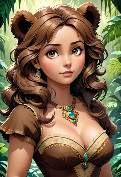 female bear mid transformation, solo, masterpiece, best art, victorian dress. detailed hands, detailed eyes, detailed torso, jungle, expression, transformation, human face, brown shaggy hair.
