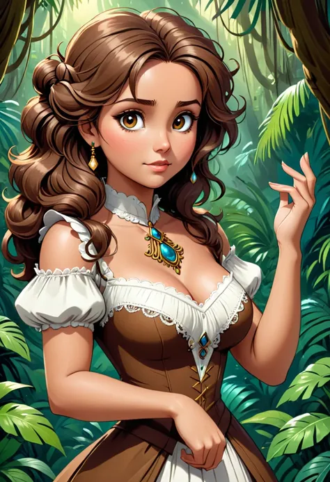 female bear mid transformation, solo, masterpiece, best art, victorian dress. detailed hands, detailed eyes, detailed torso, jungle, expression, transformation, human face, brown shaggy hair.
